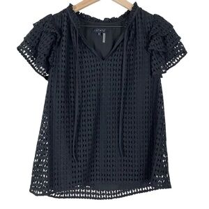 1.State Womens Blouse Size Small Solid Black Short Sleeve Ruffle Sleeves NWT
